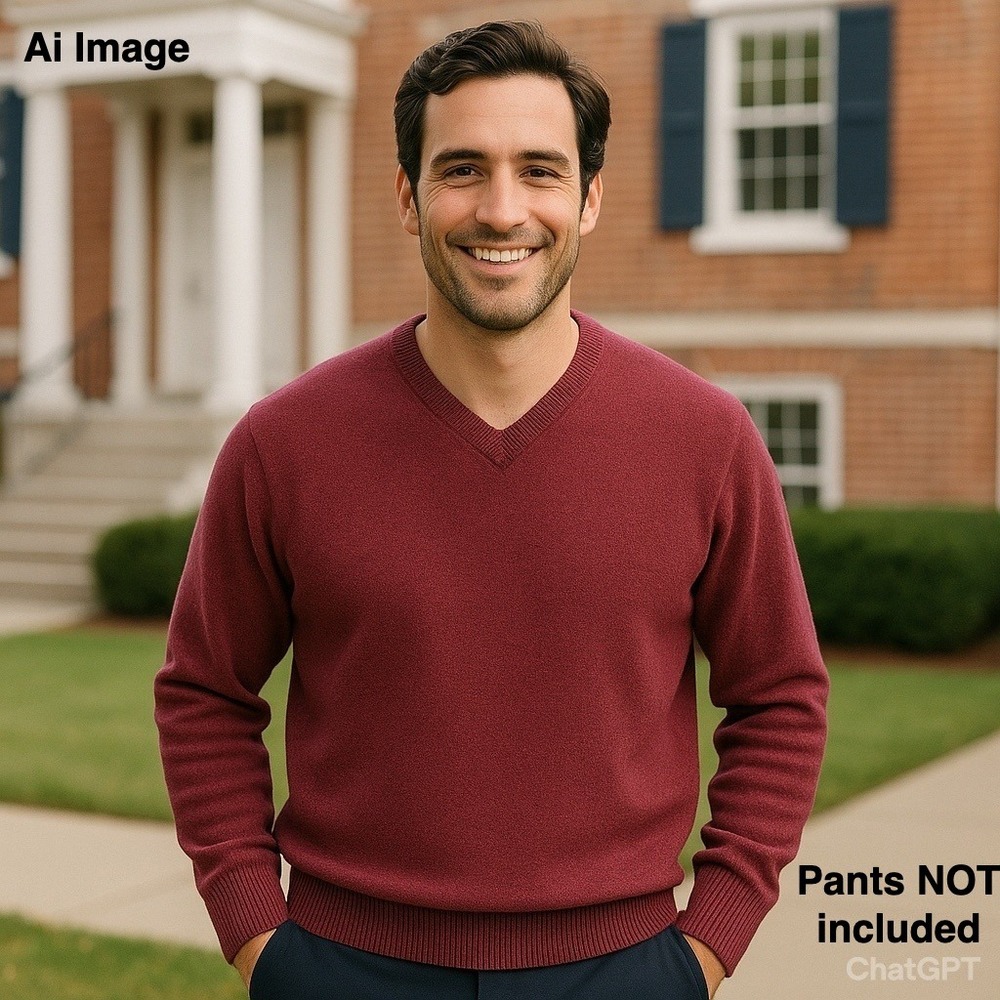 L.L. Bean Mens Large V-Neck Sweater 100%‎ Lambswool Burgundy Maroon Knit Top